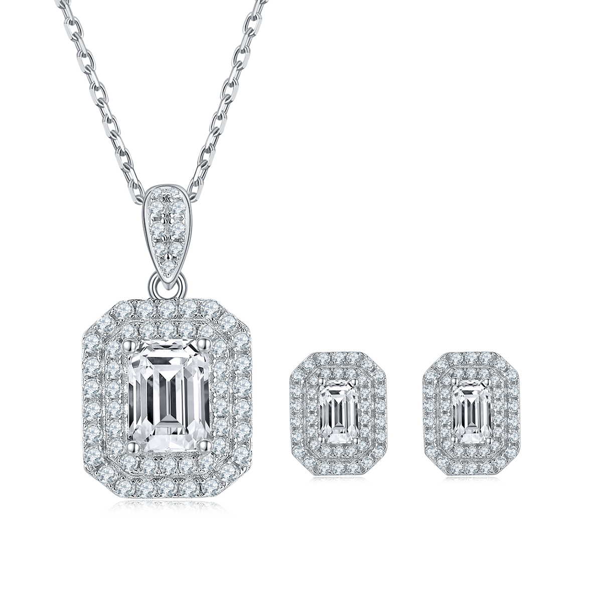 Exquisite rectangular S925 silver plated white gold moissanite diamond pendant earring set